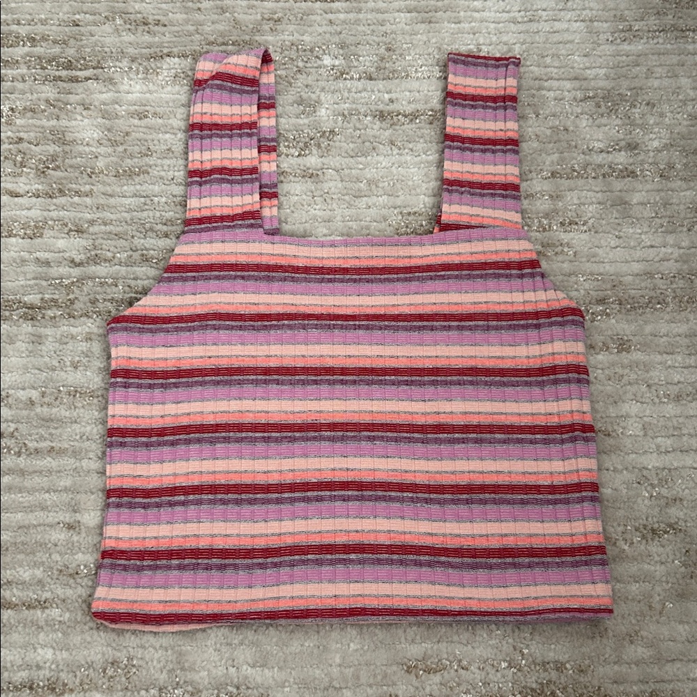 American Eagle Outfitters Pink & Red Striped Ribbed Tank Top